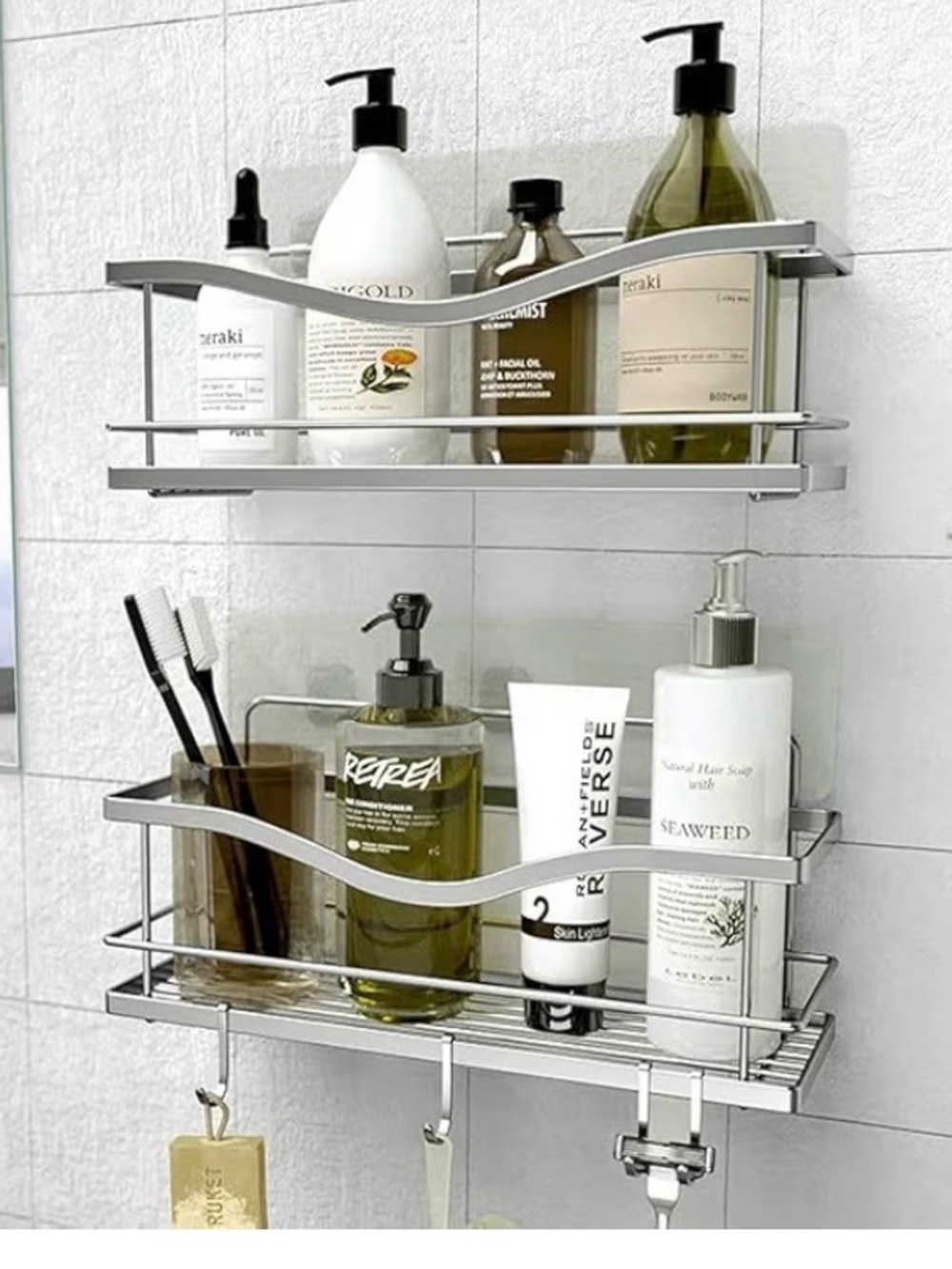 Modern Wall-Mounted Bath Shelf Organizer - Silver